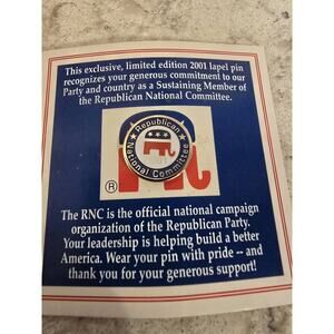 2001 Republican National Committee RNC Lapel Pin with Card